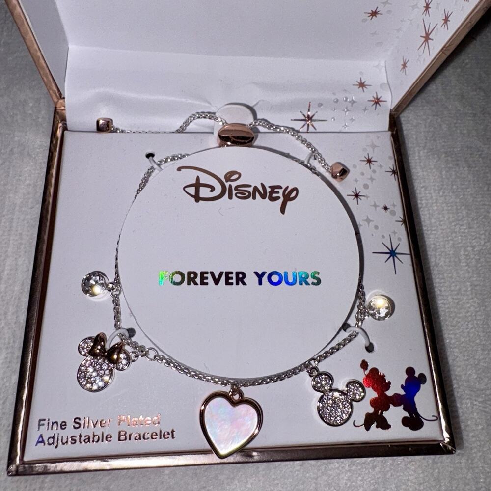 Disney Micky & Minnie Mouse “Forever Yours” Silver Plated Charm Bracelet NEW